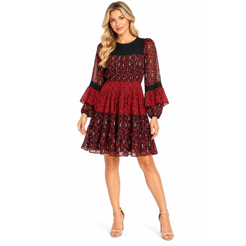 Michael Kors Floral Mini Dress Women XS Red Black Ruffle Long Sleeve